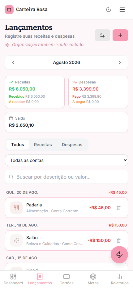 Tela de lançamentos do Carteira Rosa