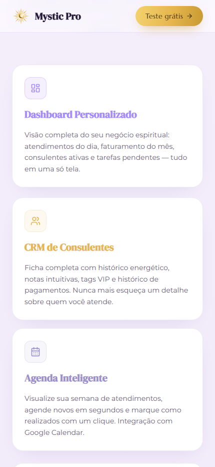Funcionalidades do Mystic Pro: dashboard, CRM e agenda