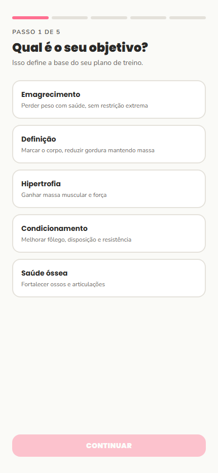 Onboarding de objetivo do Plena Fit