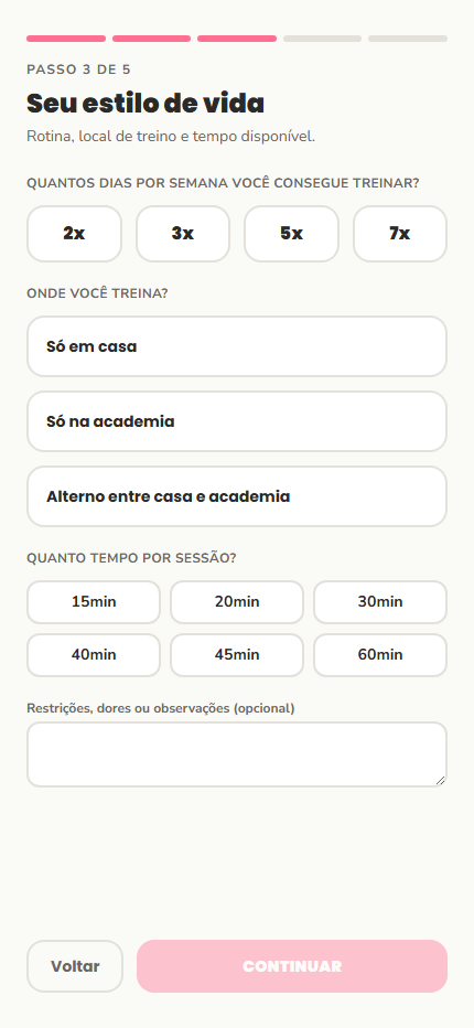 Onboarding de estilo de vida do Plena Fit