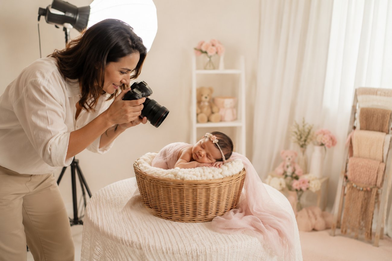 Adriana fotografando uma recém-nascida dormindo num cesto de vime