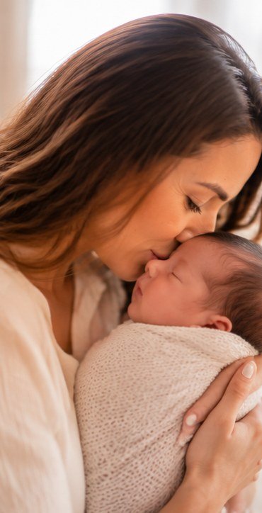 Mãe beijando a testa do bebê enrolado em manta