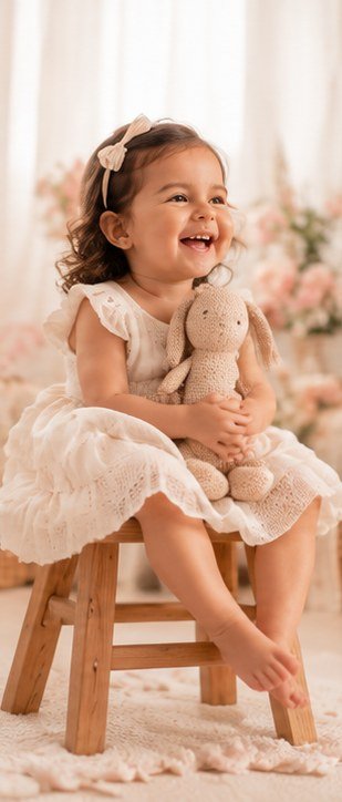 Menina de dois anos sorrindo sentada num banquinho com coelho de pelúcia