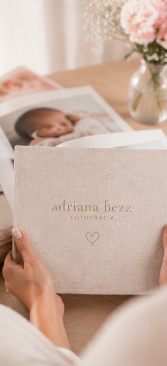 Mãos segurando o álbum Adriana Bezz Fotografia com capa de linho