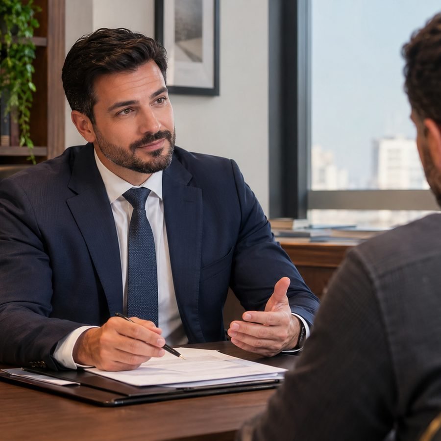 Elias Queiroz explicando um documento durante um atendimento