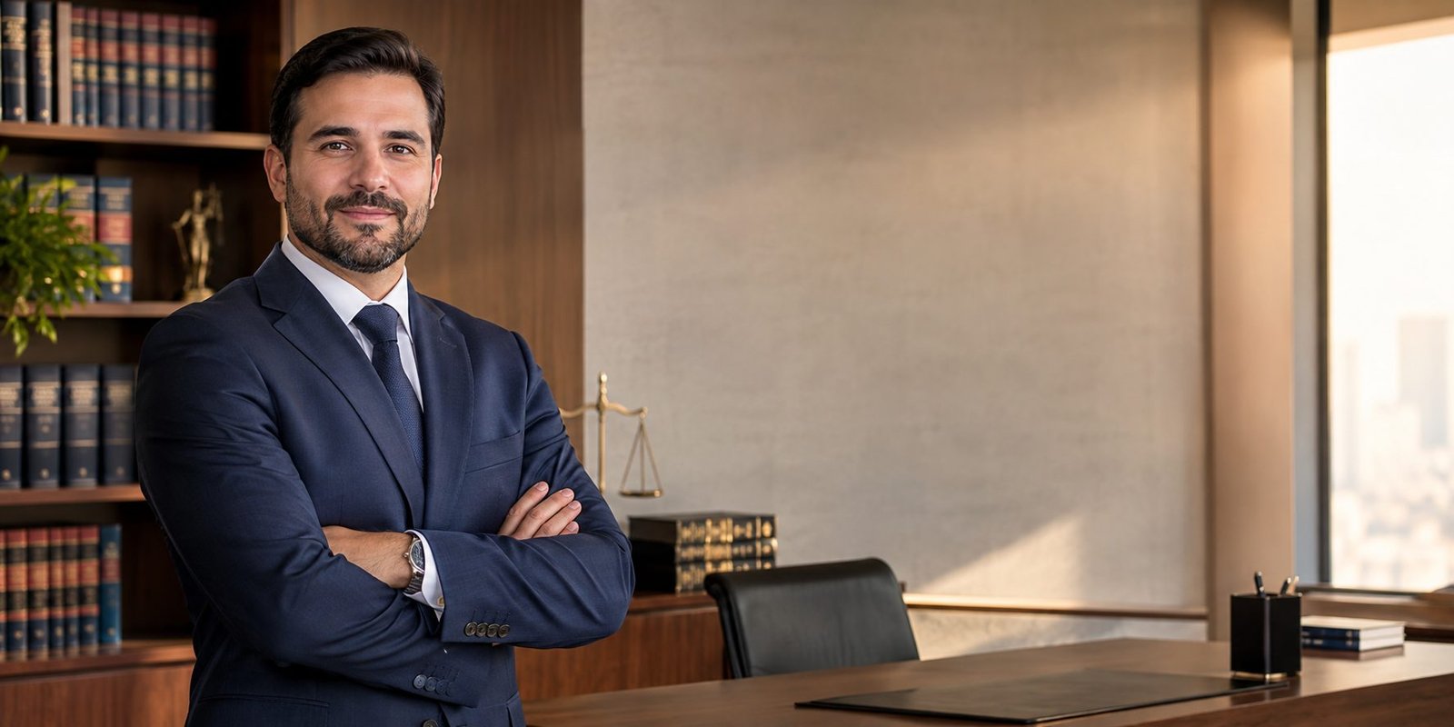 Dr. Elias Queiroz, advogado, de terno azul-marinho e braços cruzados