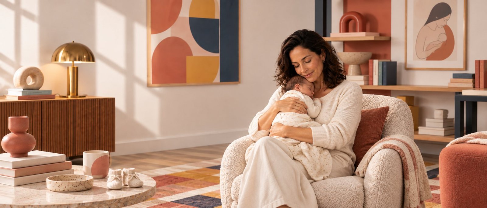 Mulher com o bebê recém-nascido no colo, sentada na poltrona do consultório