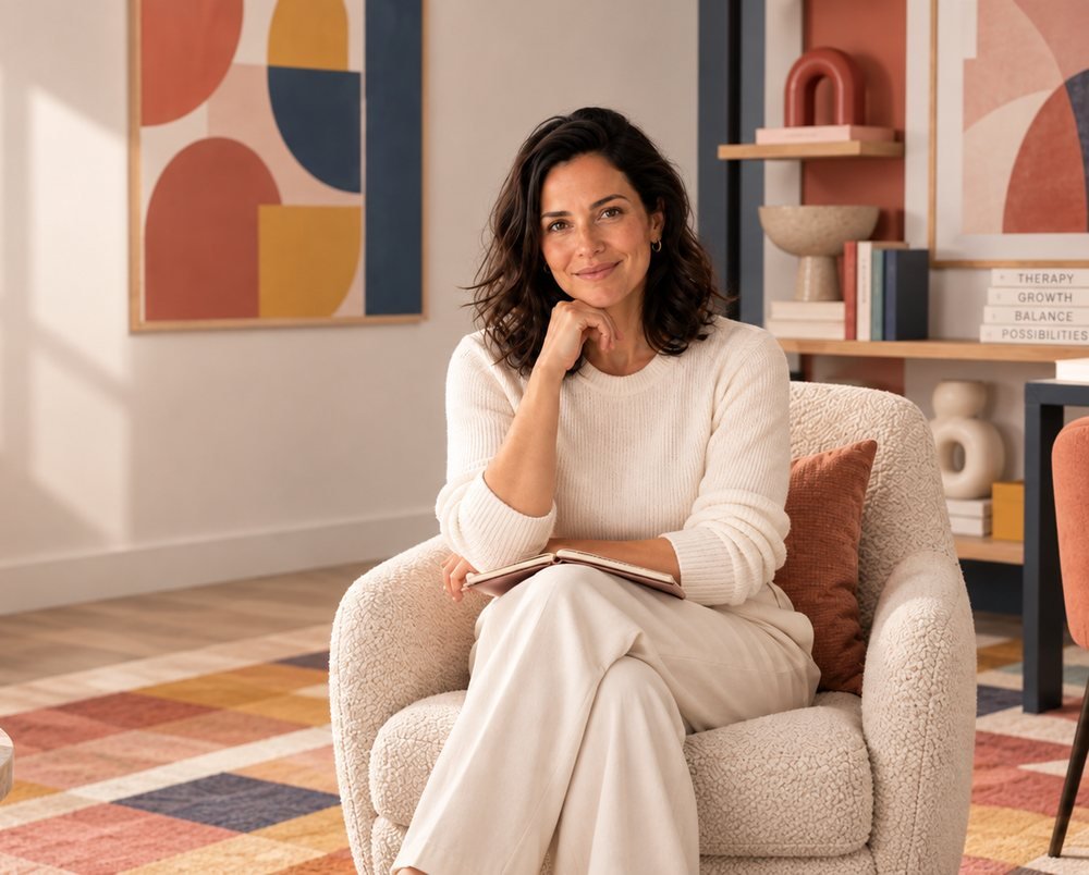 Fernanda Bernardo sentada na poltrona do consultório