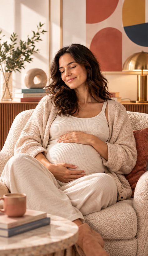 Gestante sentada na poltrona do consultório, com as mãos sobre a barriga
