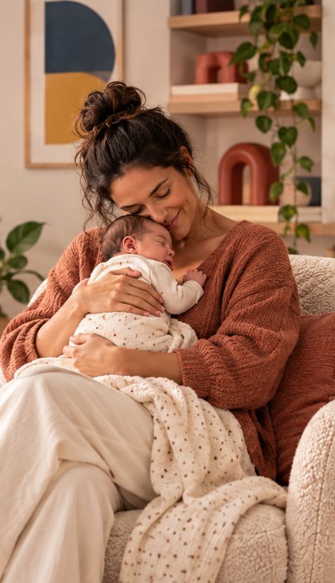 Mulher com o bebê recém-nascido adormecido no colo