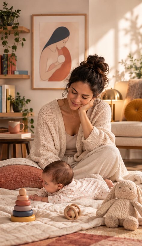 Mãe acompanhando o bebê brincando no tapete