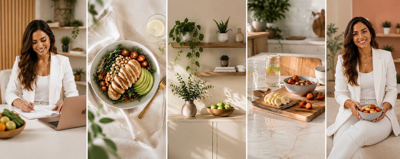 Colagem de fotos de Marina Duarte e da rotina de alimentação saudável