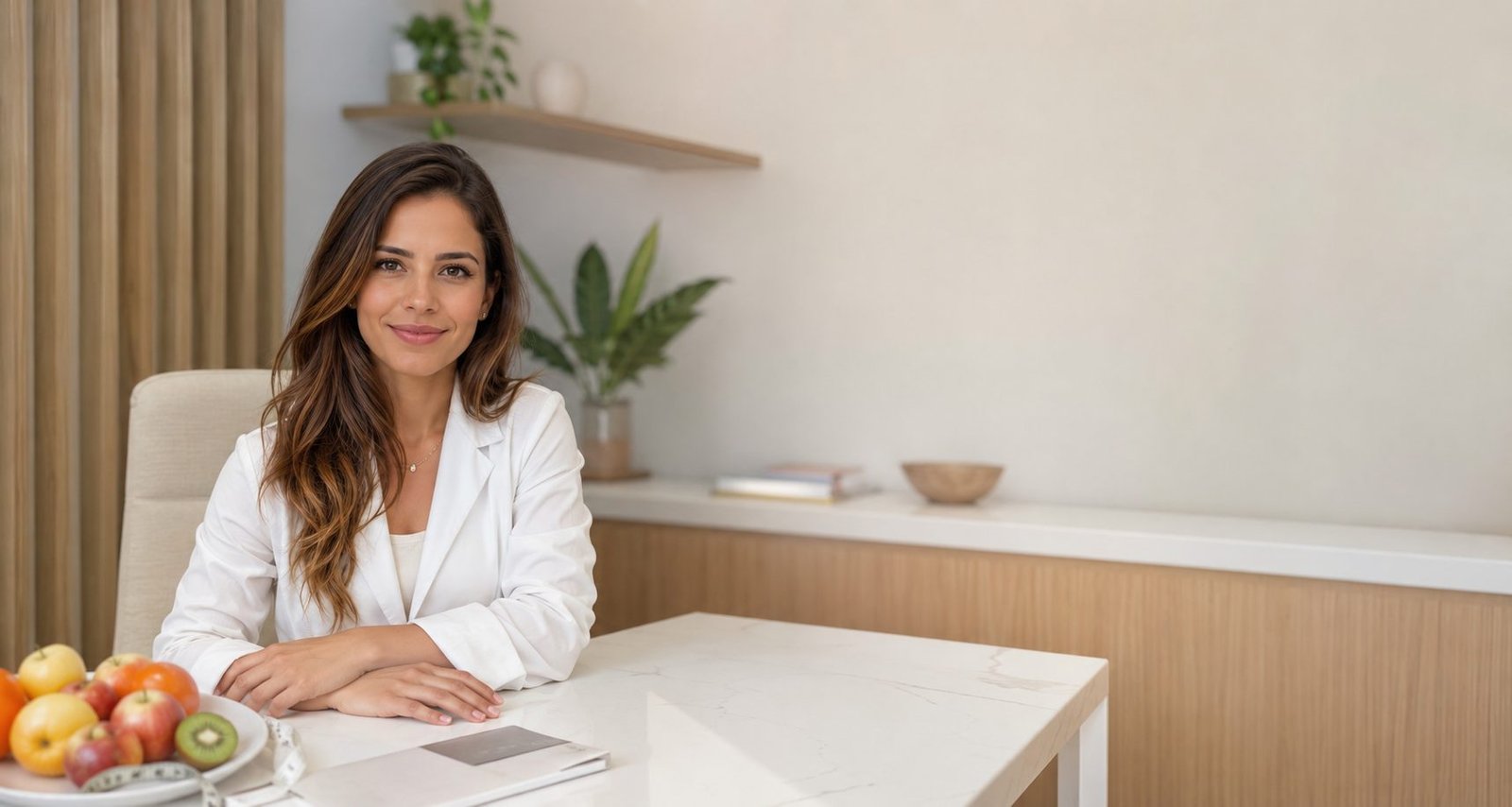 Marina Duarte, nutricionista, sorrindo em seu consultório