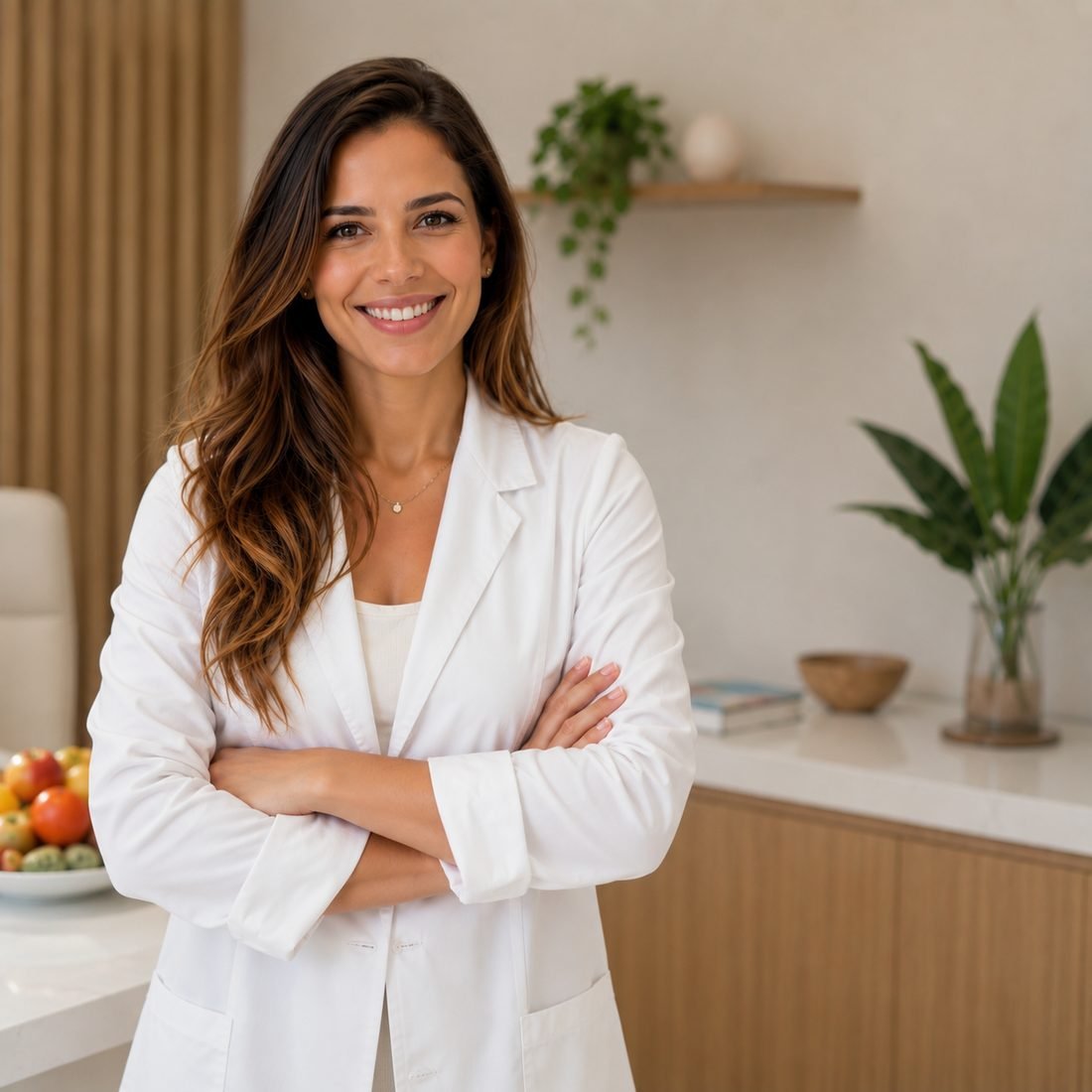 Marina Duarte sorrindo, de jaleco branco, em seu consultório