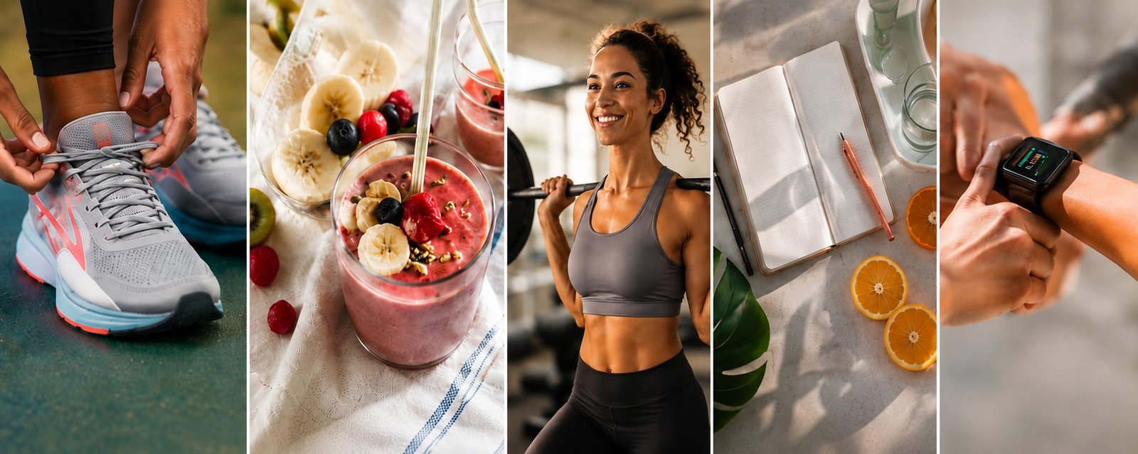Colagem de fotos de treino, alimentação e rotina esportiva