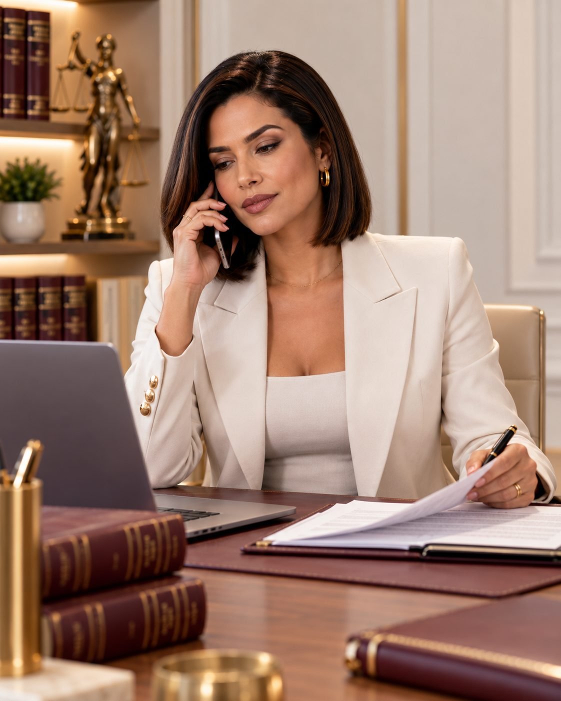 Renata Aguiar ao telefone, analisando documentos
